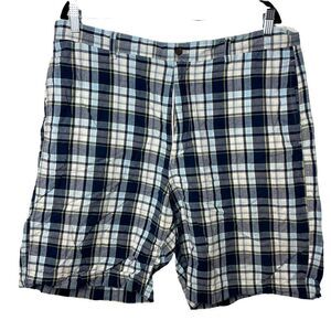 Chaps Blue White Yellow Plaid 100% Cotton Flat Front casual Shorts size 38